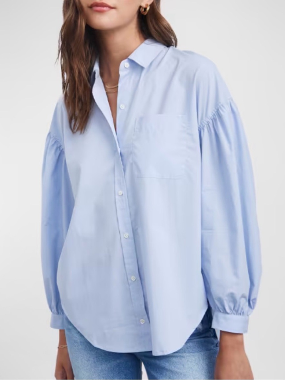 Rails Janae Shirred Button-Front Puff Sleeve Blue Jay Shirt Cotton Blend XS